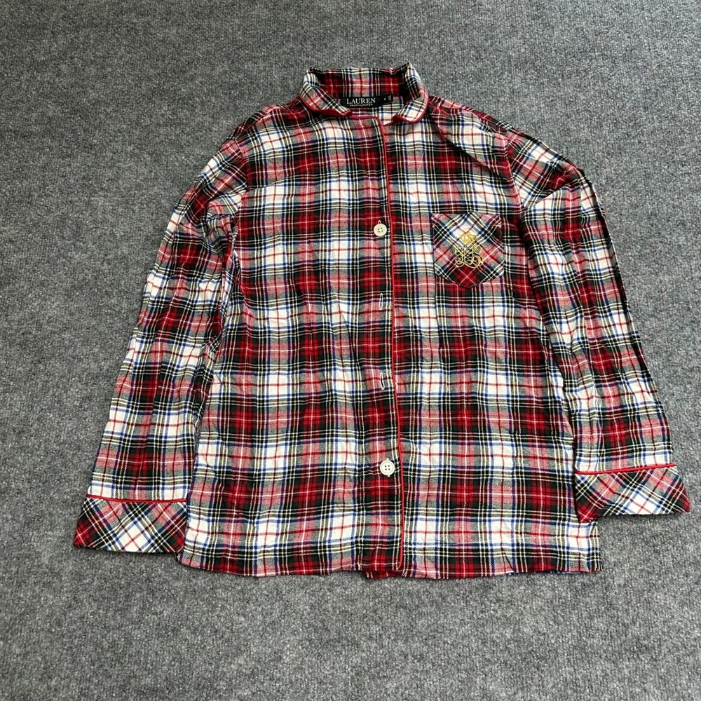 Lauren Ralph Lauren Pajama Top Womens Size S Red Plaid Cotton Long Sleeve Crest